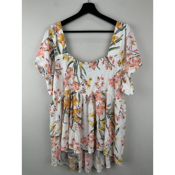 Torrid Top Womens Size 5X 5 White Short Sleeve Floral Smocked Boho Spring Flowy - Picture 7 of 11